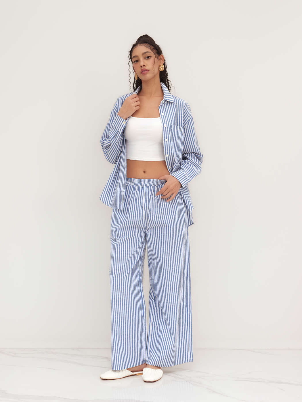 Woven 3pcs Collar Stripe Shirt With Cami Crop Top Mid Rise