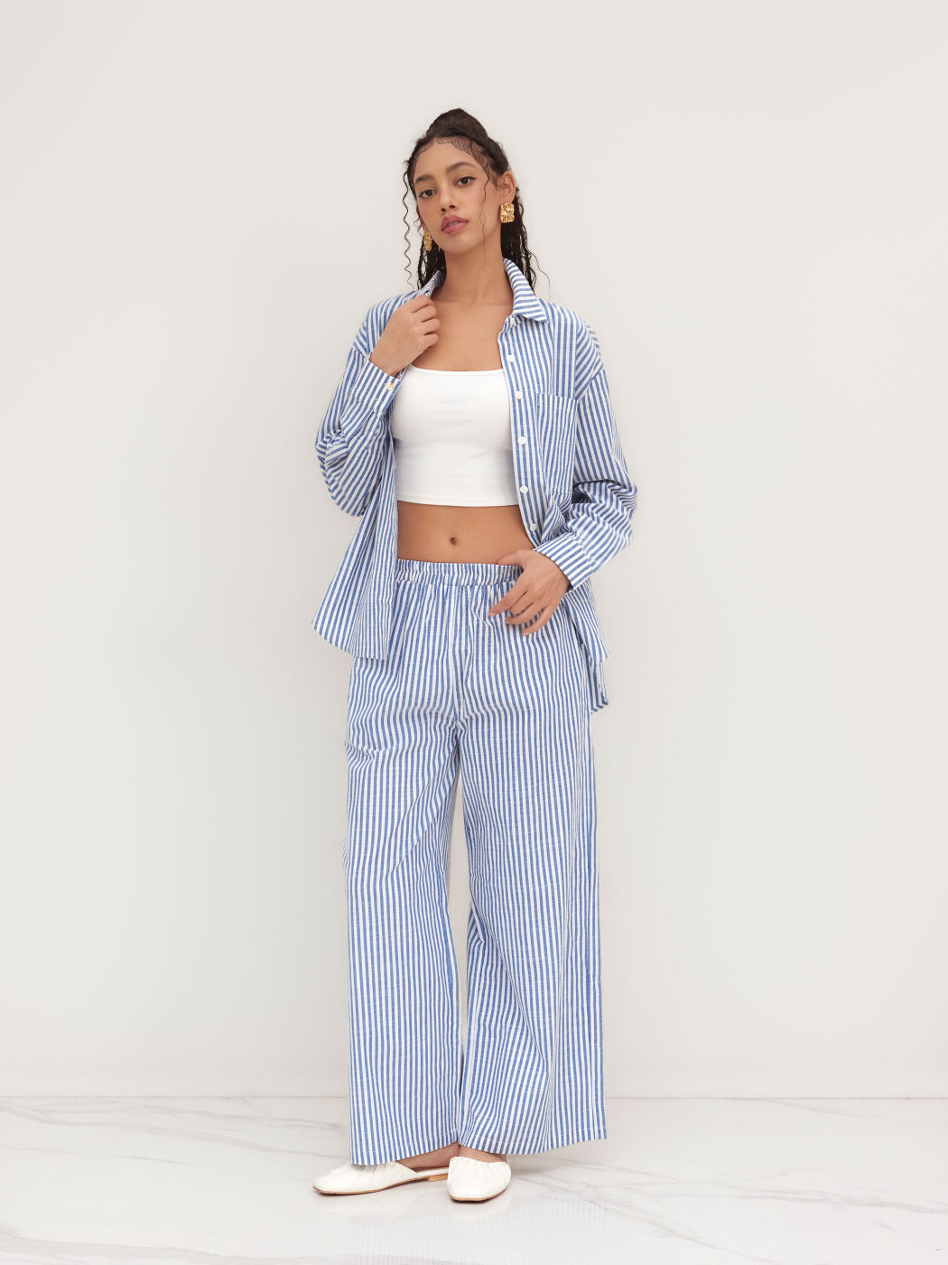 3pcs Collar Stripe Shirt With Cami Crop Top & Mid Rise Stripe Wide Leg Trousers Set
