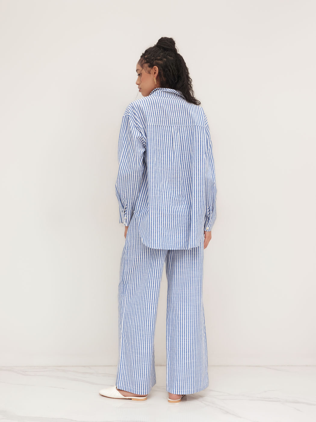 3pcs Collar Stripe Shirt With Cami Crop Top & Mid Rise Stripe Wide Leg Trousers Set