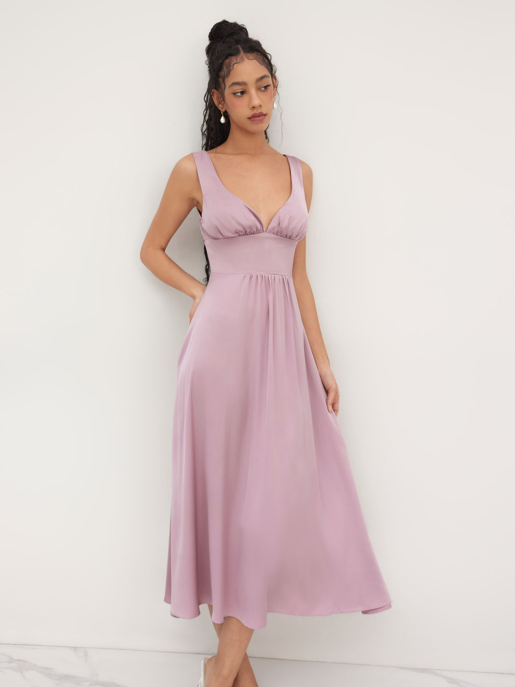 Satin V-neck Solid Ruffle Zipper Maxi Dress