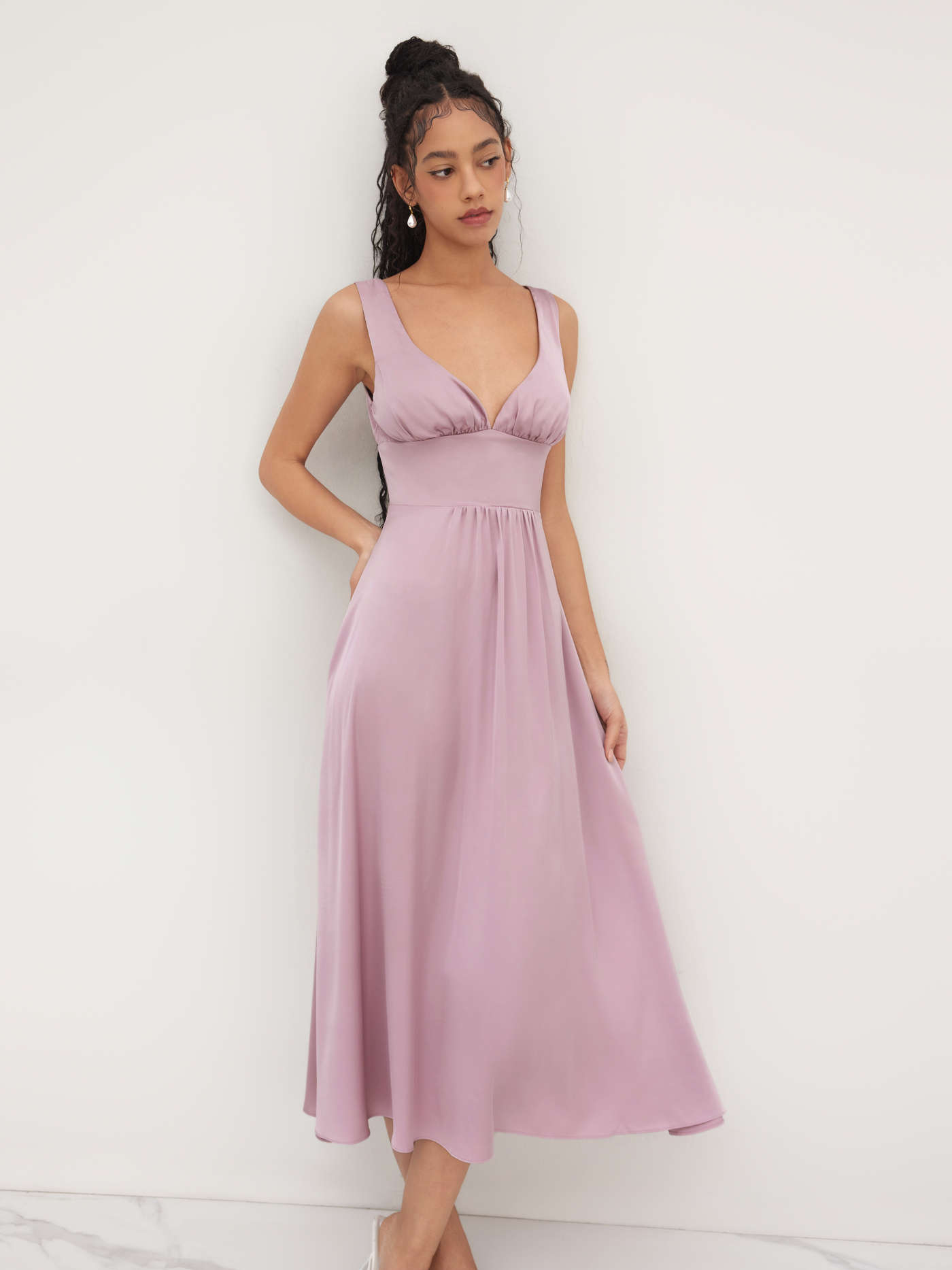 Satin V-neck Solid Ruffle Zipper Maxi Dress
