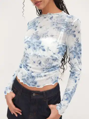 Mesh Floral Lettuce Trim Ruched See-through Top
