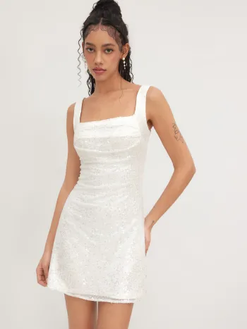 Ruched Square Neck Mini Dress