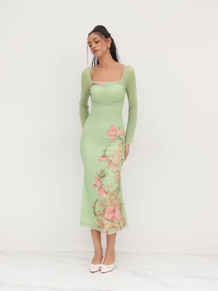 Mesh Halter Neckline Polka Dot Ruched Midi Dress