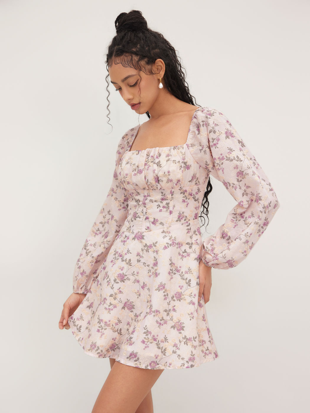Square Neckline Floral Shirred Mini Dress