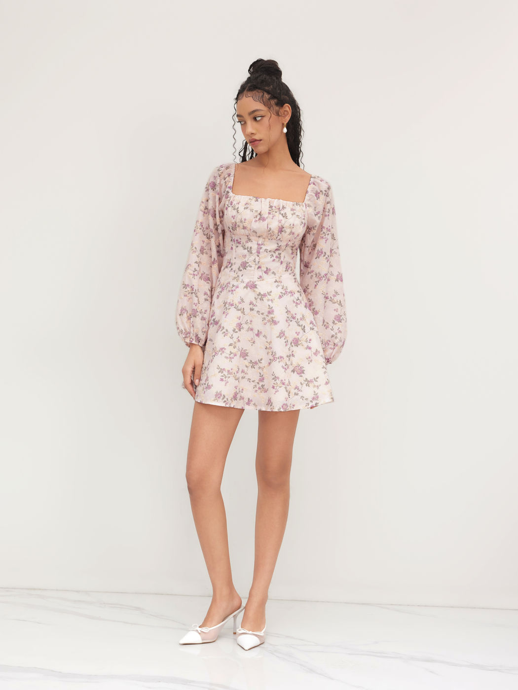 Square Neckline Floral Shirred Mini Dress