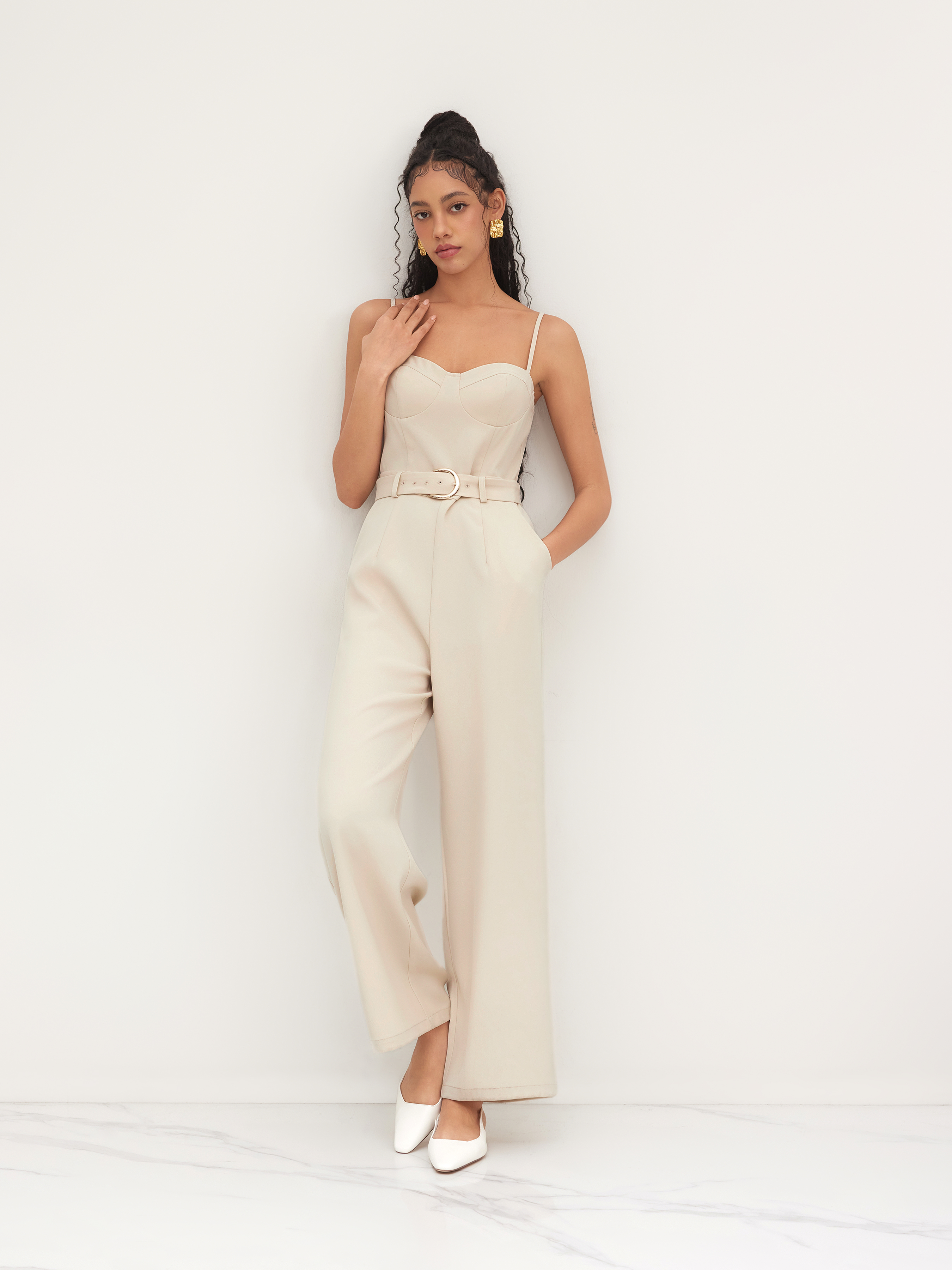 Woven Sweetheart Neckline Jumpsuit With Belt For Daily Casual
