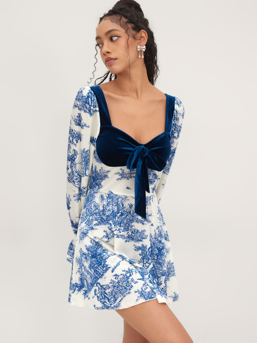 Velvet Toile De Jouy Bowknot Mini Dress
