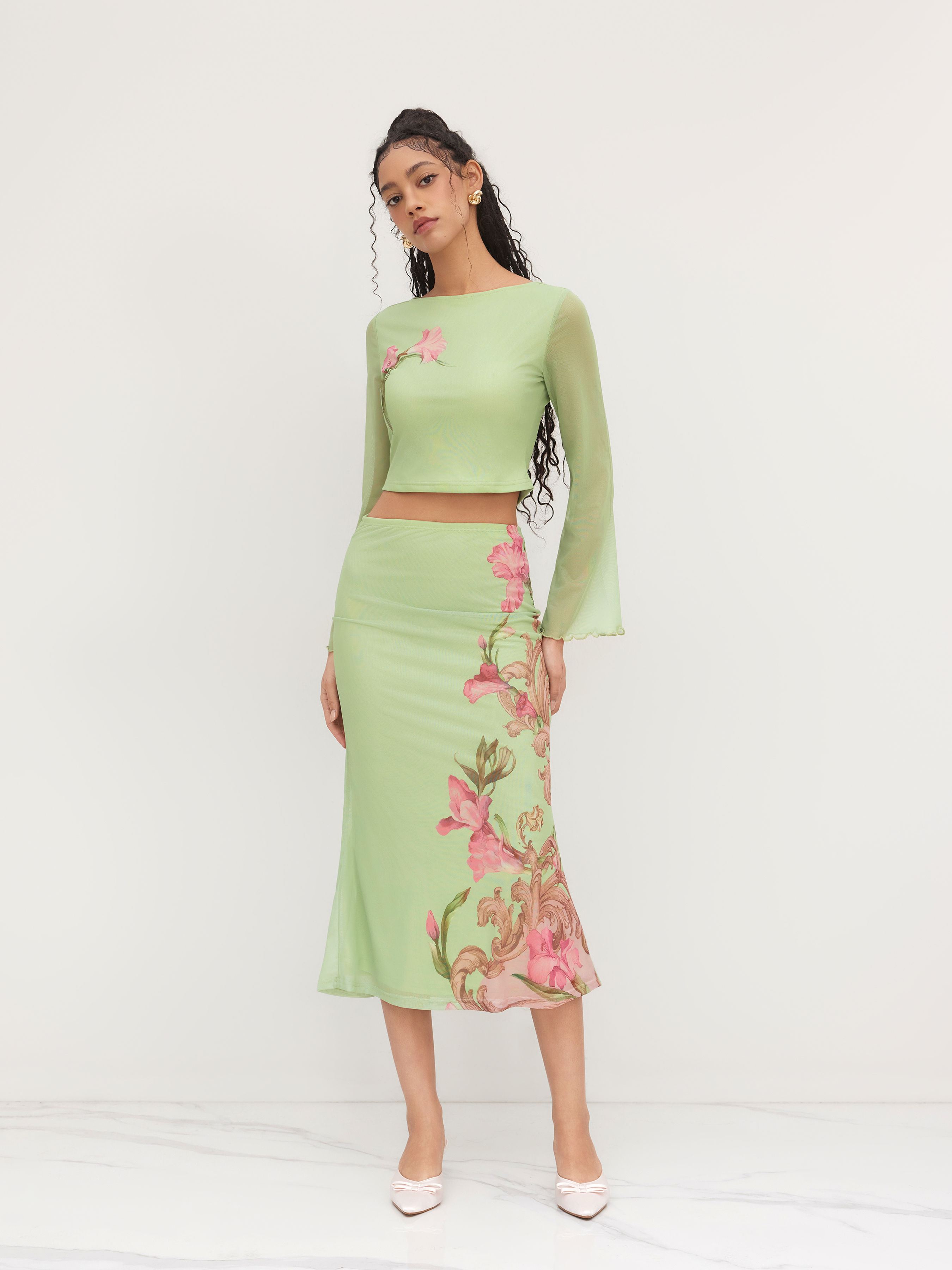 Mesh Mesh Mid Rise Floral Mermaid Midi Skirt For Daily Casual