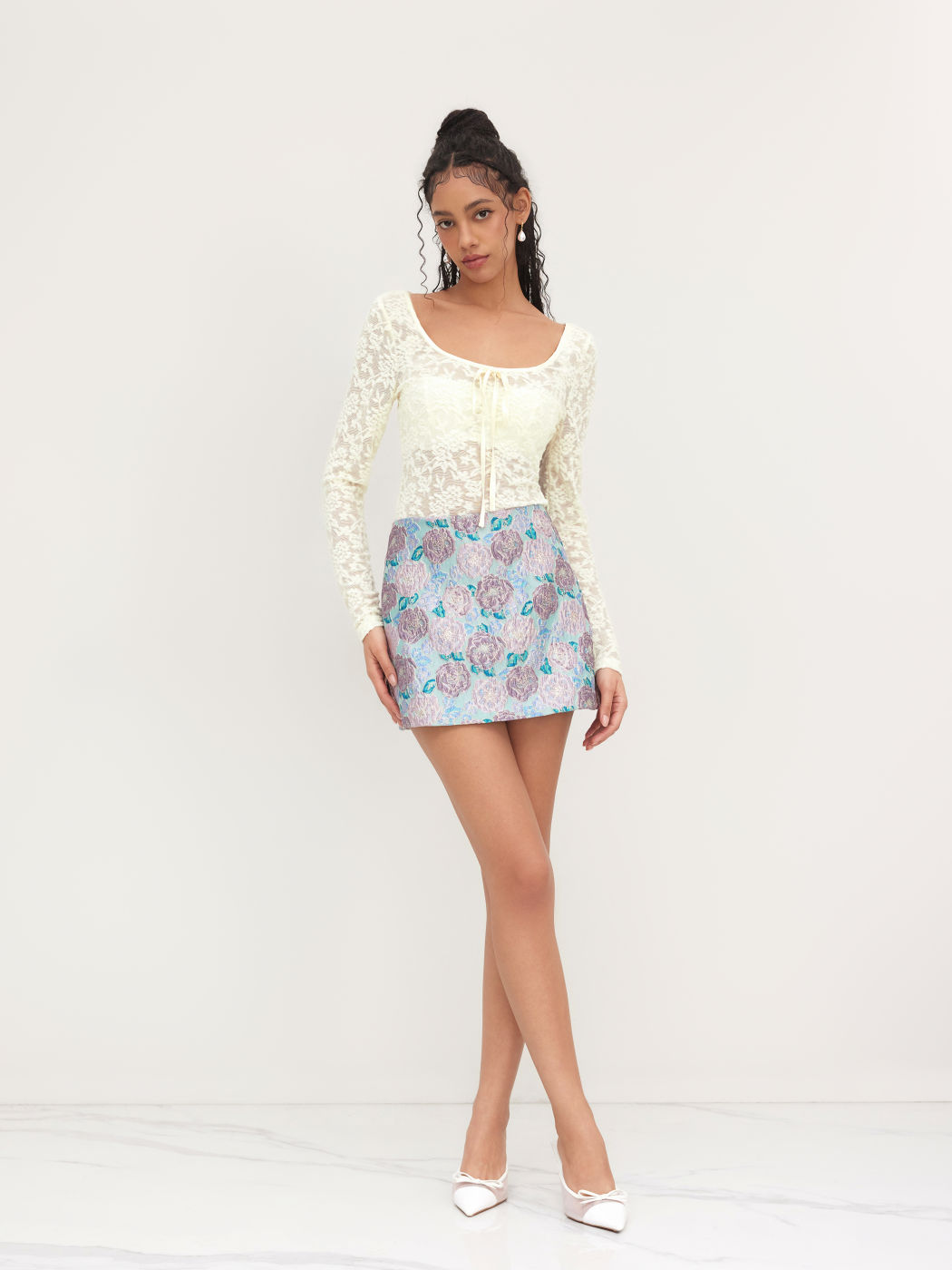 Jacquard Mid Rise Floral Mini Skirt
