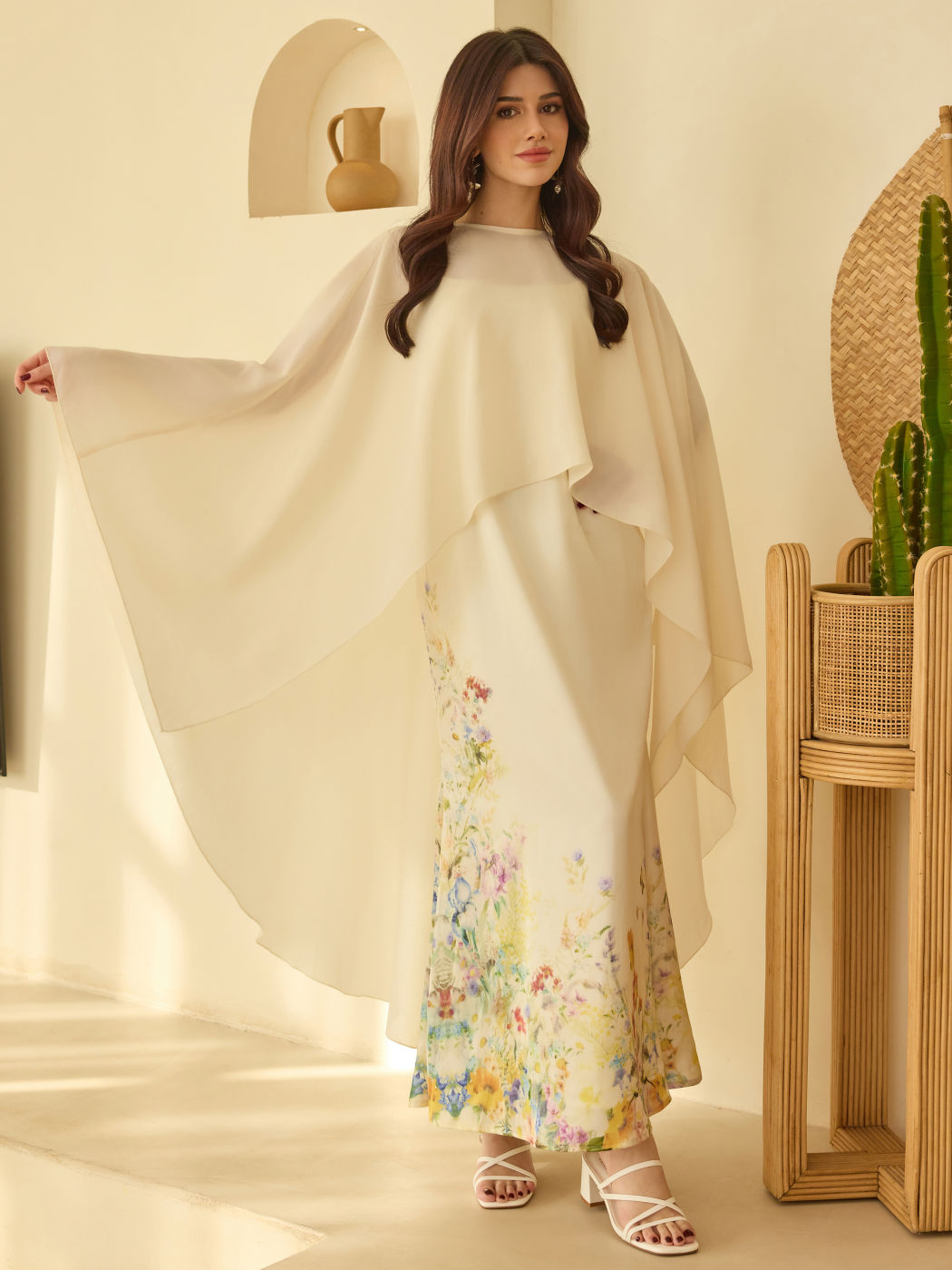 U-neckline Floral Cami Maxi Dress With Ruffle Abaya