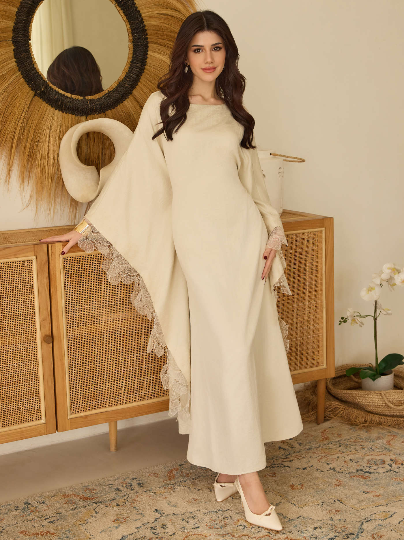 Round Neckline Lace Patched Cut Out Oversized Maxi Dress