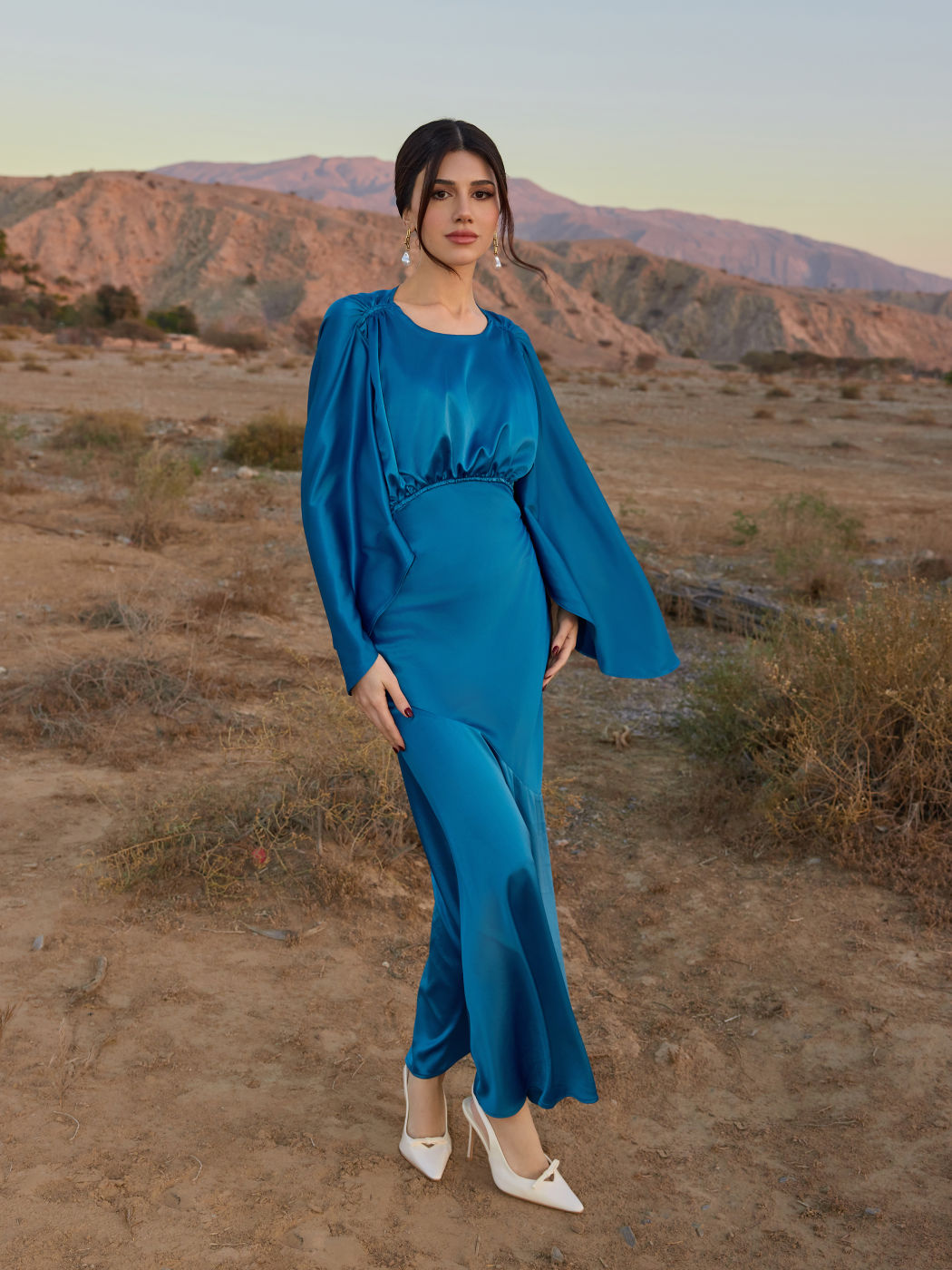 Round Neckline Ruched Ruffle Cut Out Maxi Dress