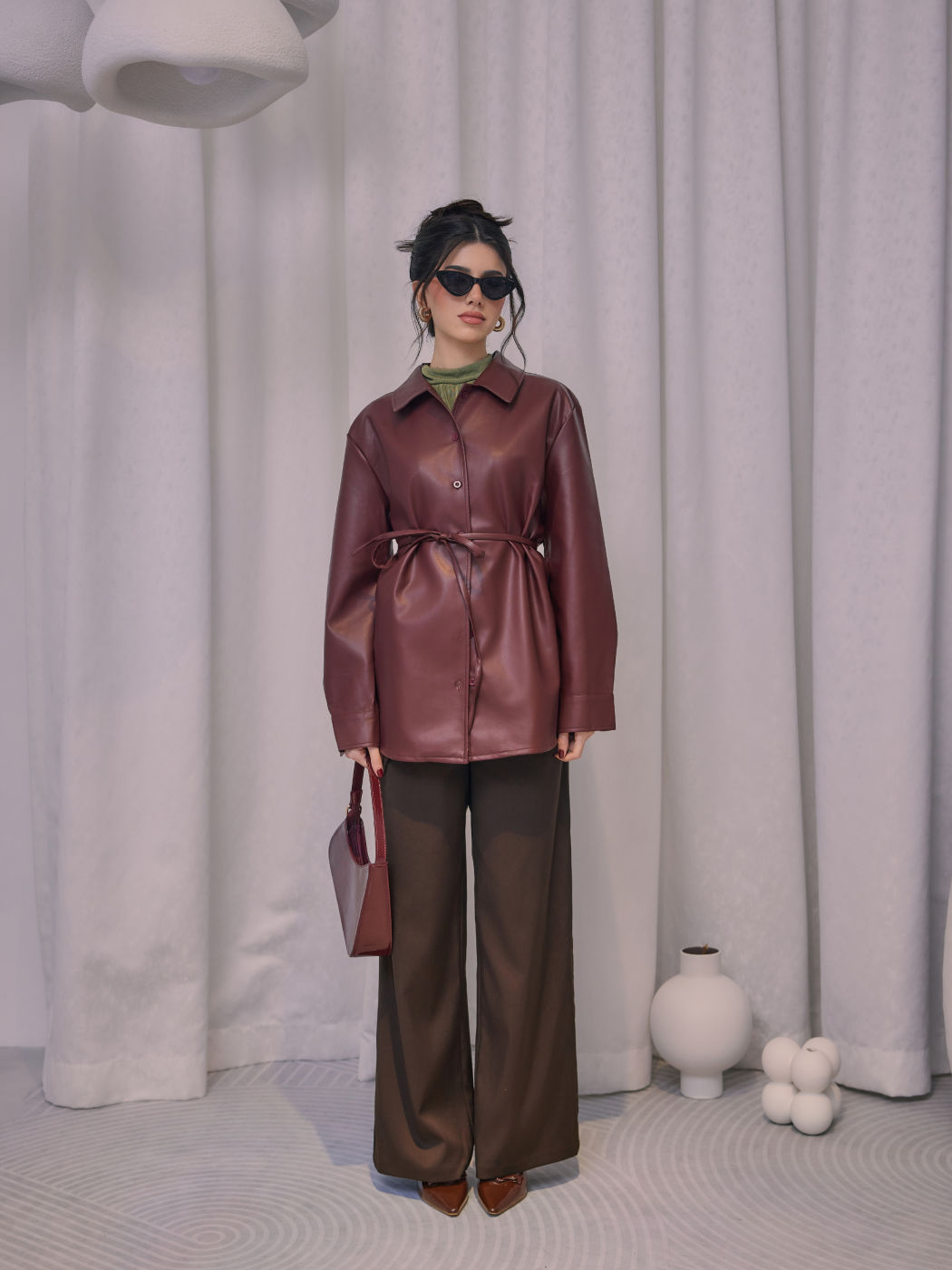 Faux Leather Collar Solid Button Jacket With Belt