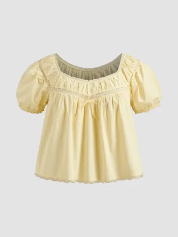100% Cotton Bowknot Lace Trim Puff Sleeve Blouse Curve & Plus