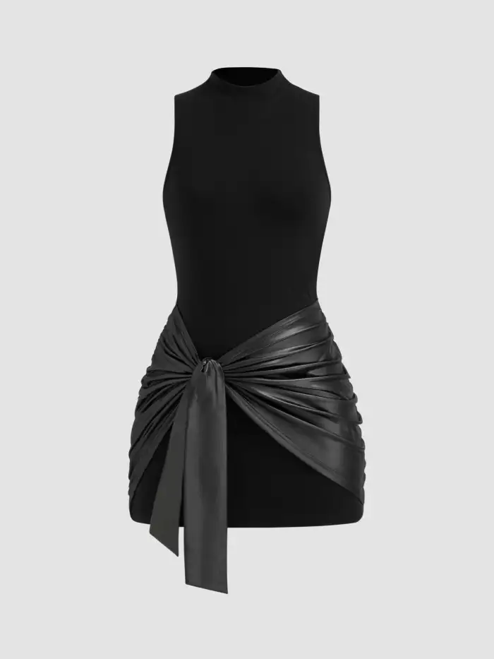 Holiday Dress Knit Fabric High Neck Ruched Knotted Mini Dress For Date Holiday Dress Knit Fabric High Neck Ruched Knotted Mini Dress For Date