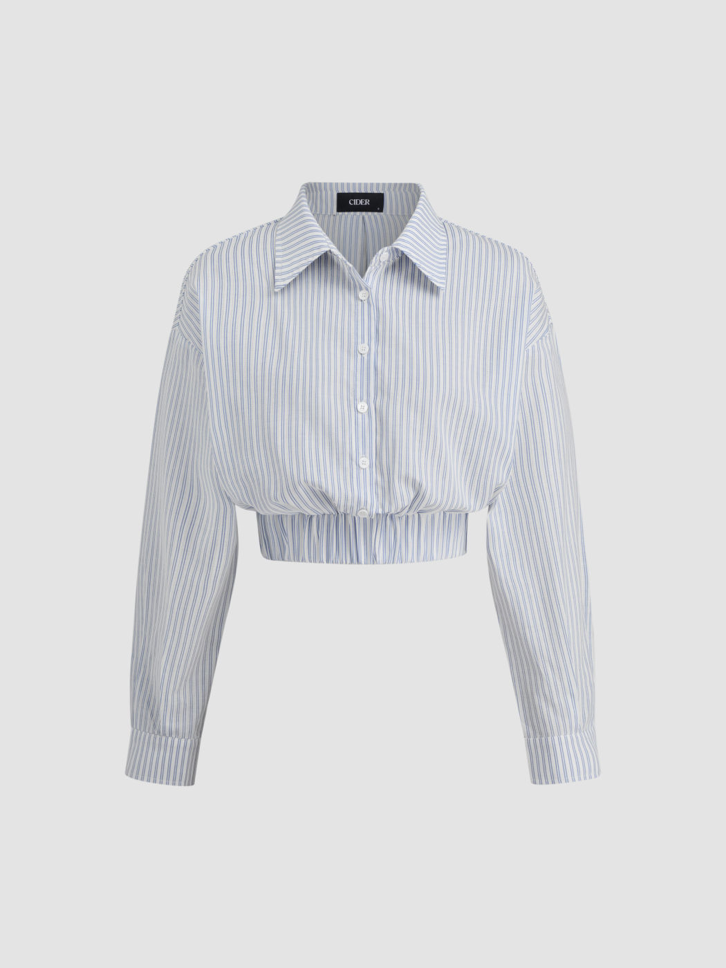 Cotton-blend Collar Stripe Elastic Waist Top