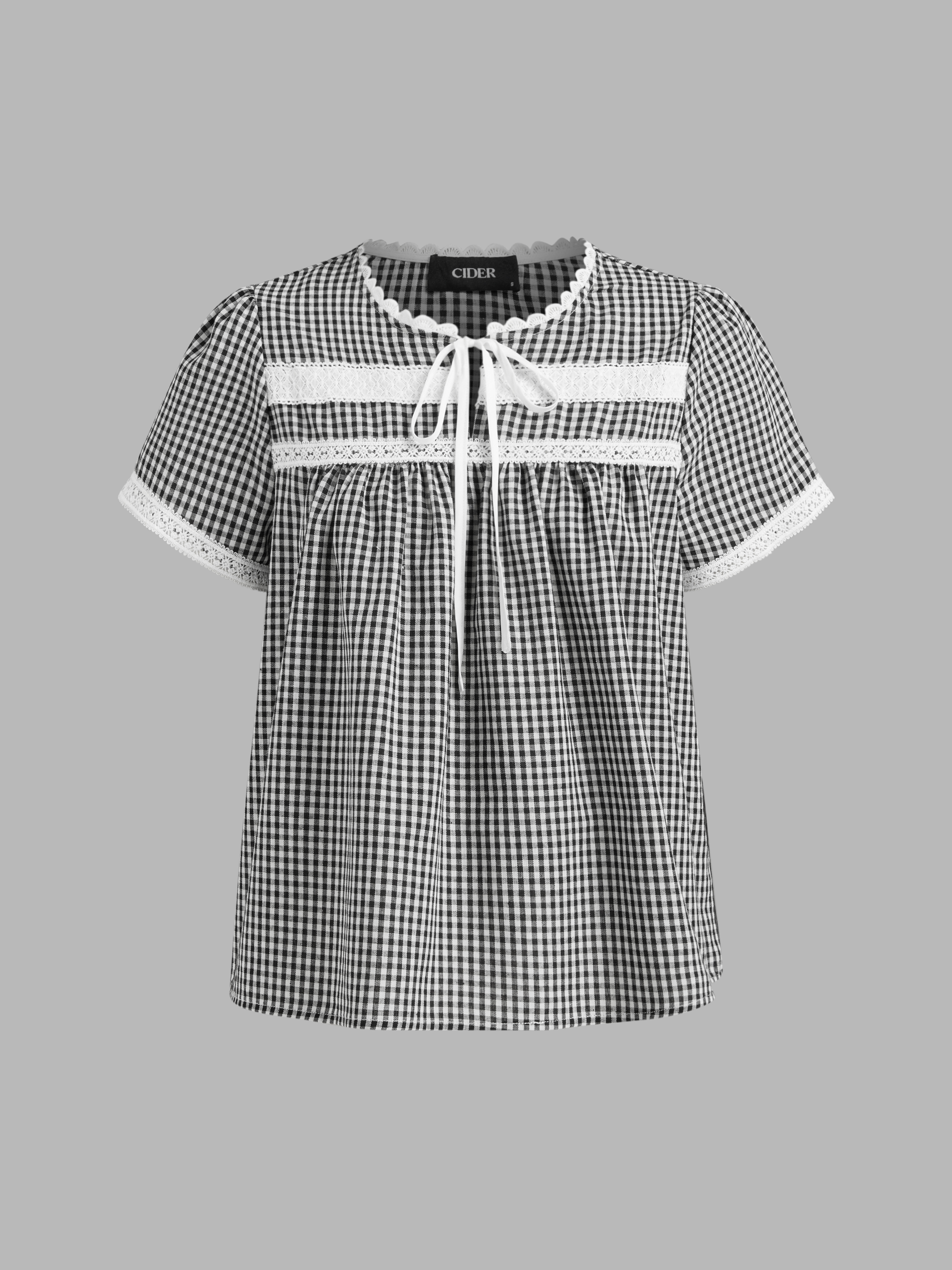 Woven Puff Sleeve Collar Lace Blouse For School Date Coffee Shop