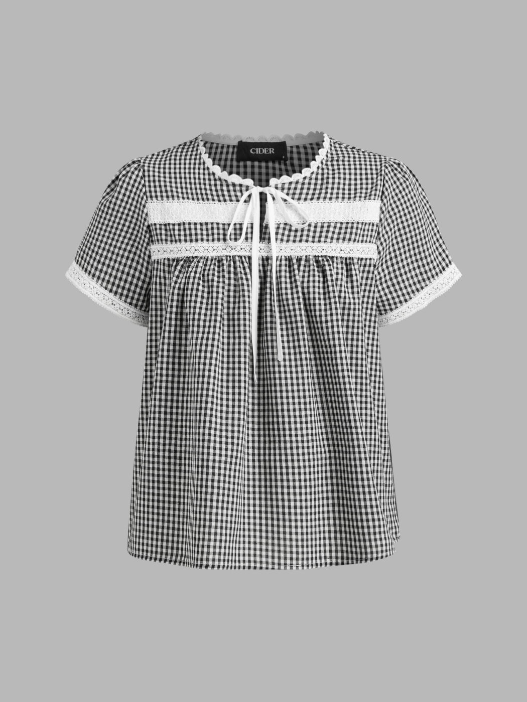 100% Baumwoll-Kurzärmlige Bluse mit Gingham-Muster und Spitzenrand