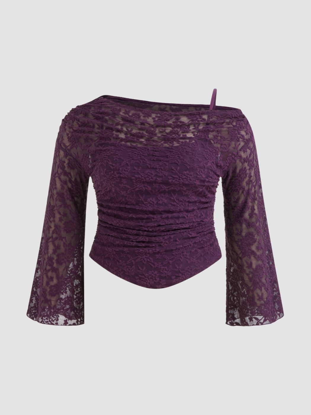 Lace Asymmetrical Neck Floral Ruched Top Curve & Plus