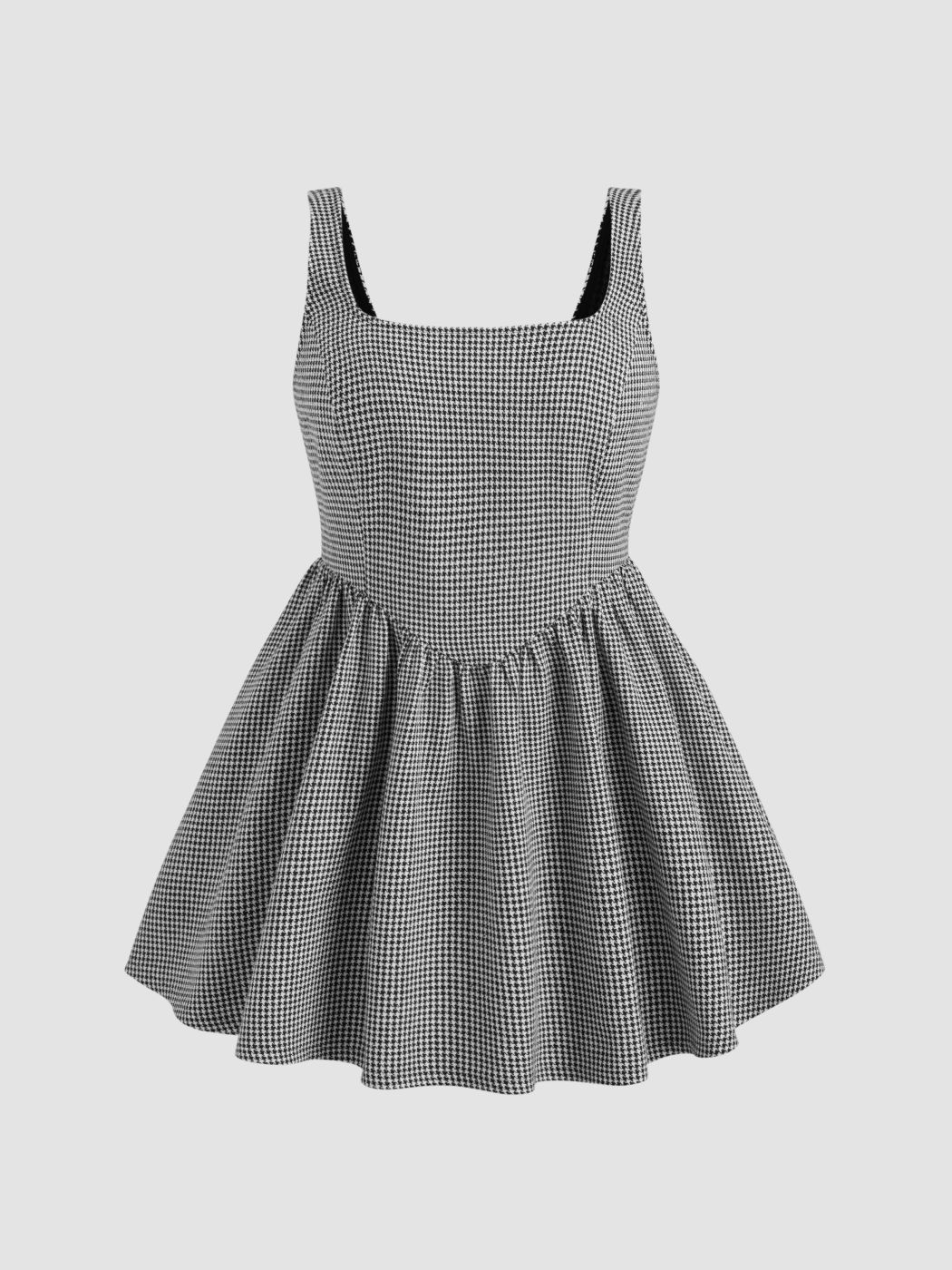 Quadratischer Hals, Houndstooth-Muster, Rüschenkleid Mini Kurve & Plus