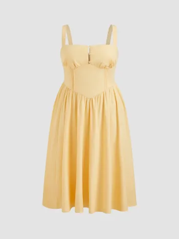 Robe longue en mélange de coton, col carré, lacets et volants Curve & Plus