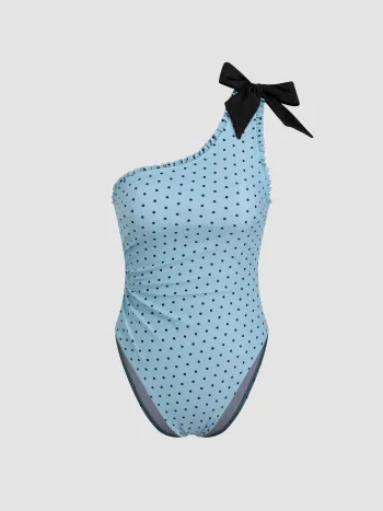 Shaping Asymmetrical Neck Polka Dot Bowknot One Piece Swimsuit