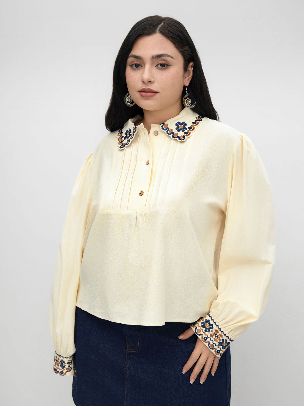 100% Cotton Collar Aztec Embroidery Pleated Blouse Curve & Plus
