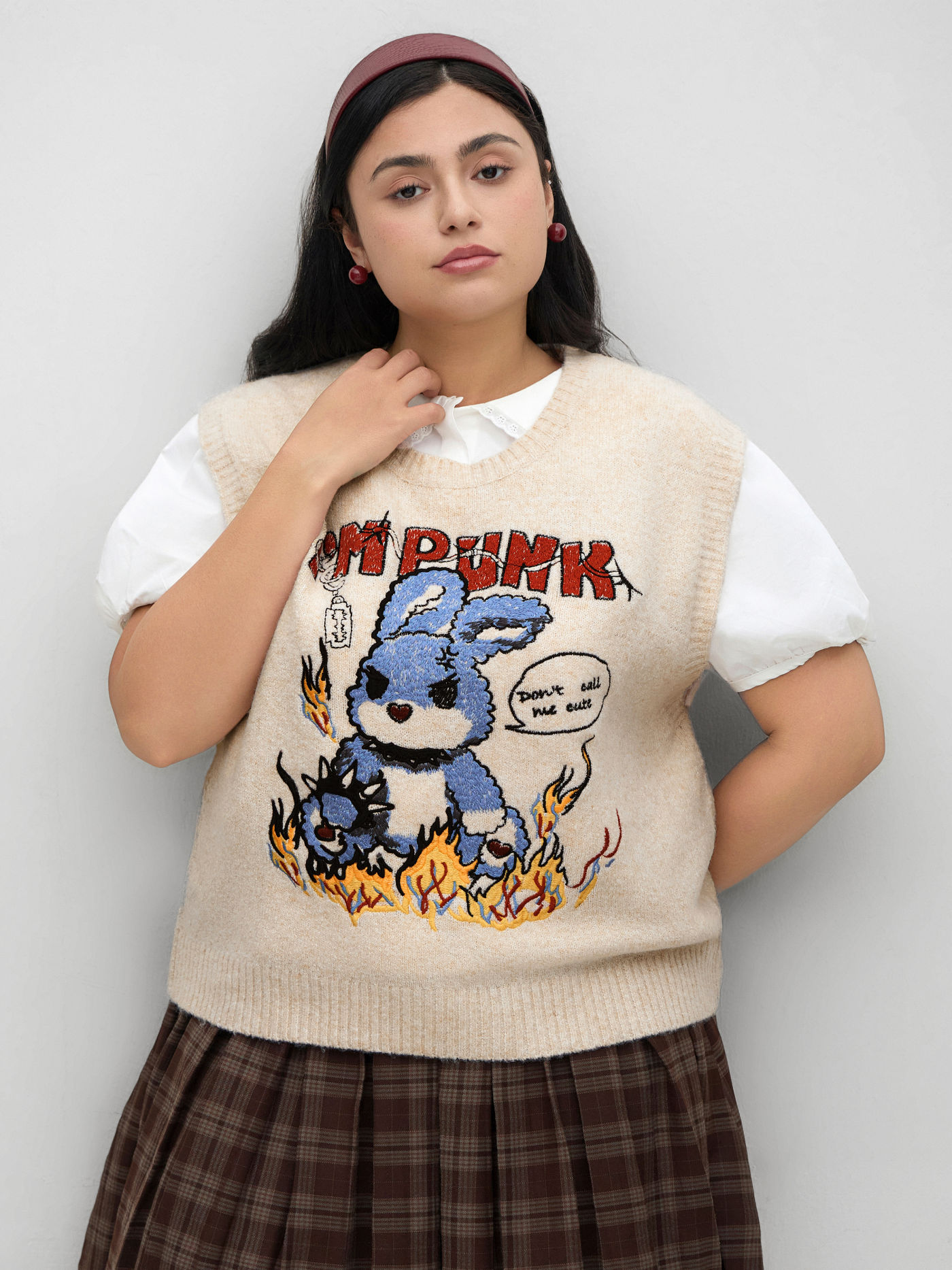 I'M PUNK Knit Rabbit Embroidery Vest Curve & Plus