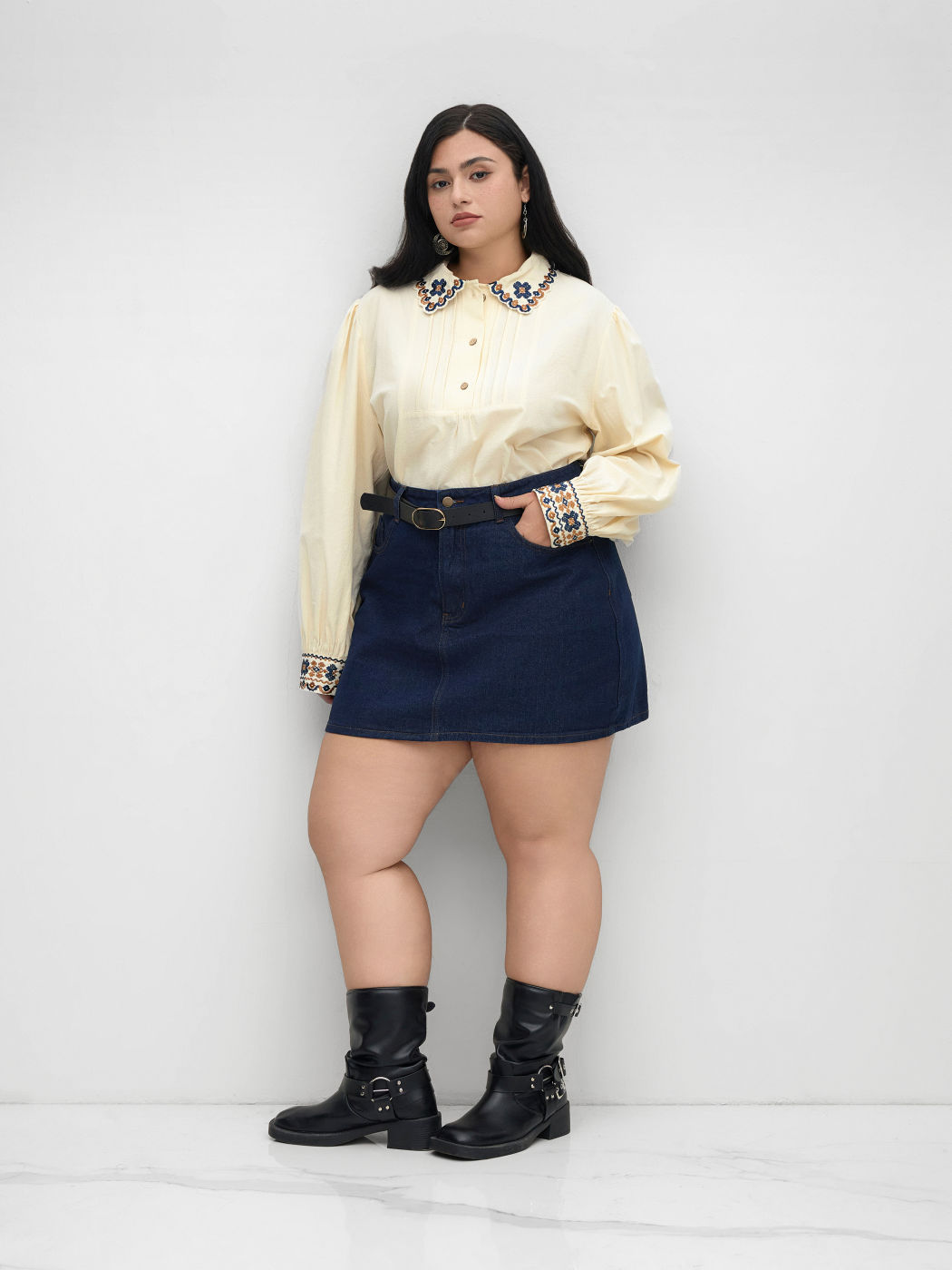 100% Cotton Collar Aztec Embroidery Pleated Blouse Curve & Plus
