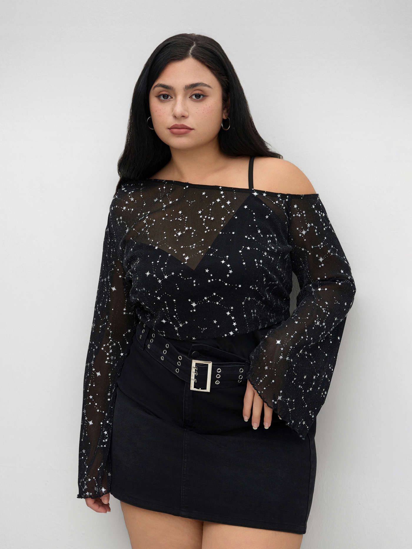 Mesh Star Crop Top & Solid Bodysuit Curve & Plus