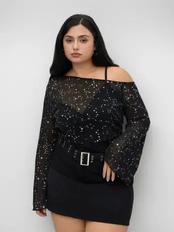 Crop top a stelle in rete e body tinta unita Curve & Plus