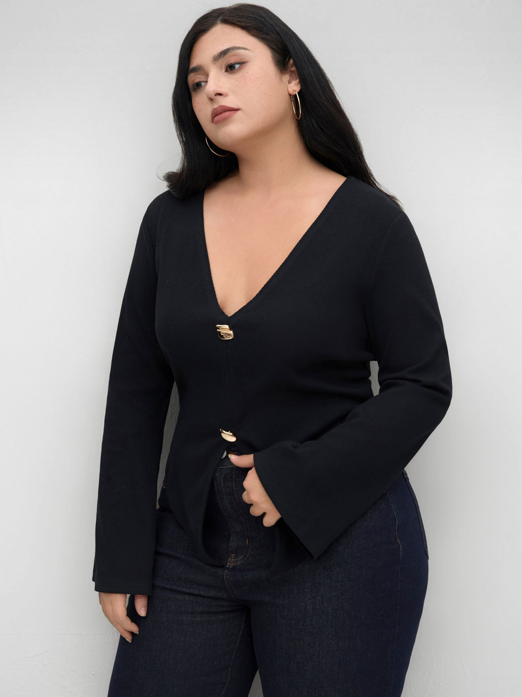 V-Ausschnitt Langarmshirt Kurve & Plus