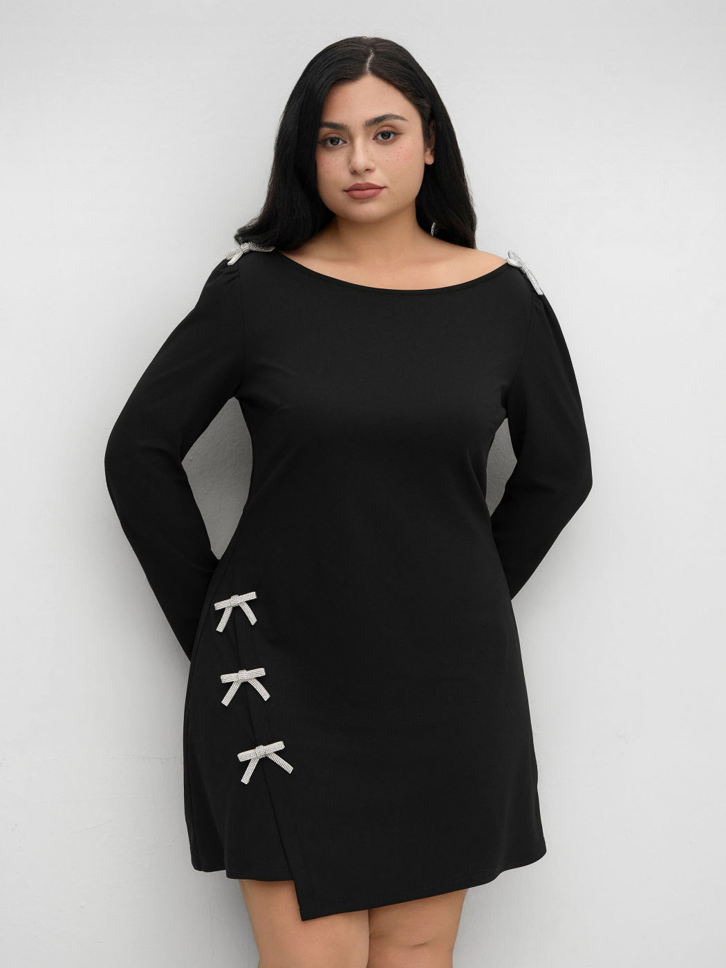 Boat Neck Bowknot Mini Dress Curve & Plus