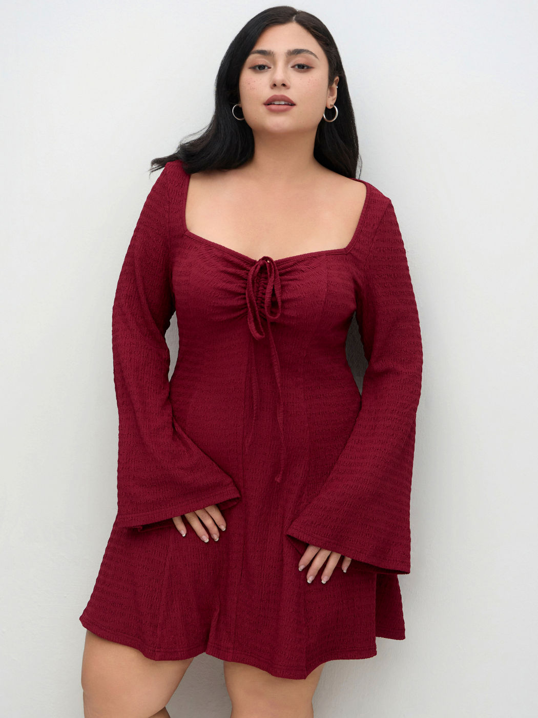 Sweetheart Knotted Texture Bell Sleeve Mini Dress Curve & Plus