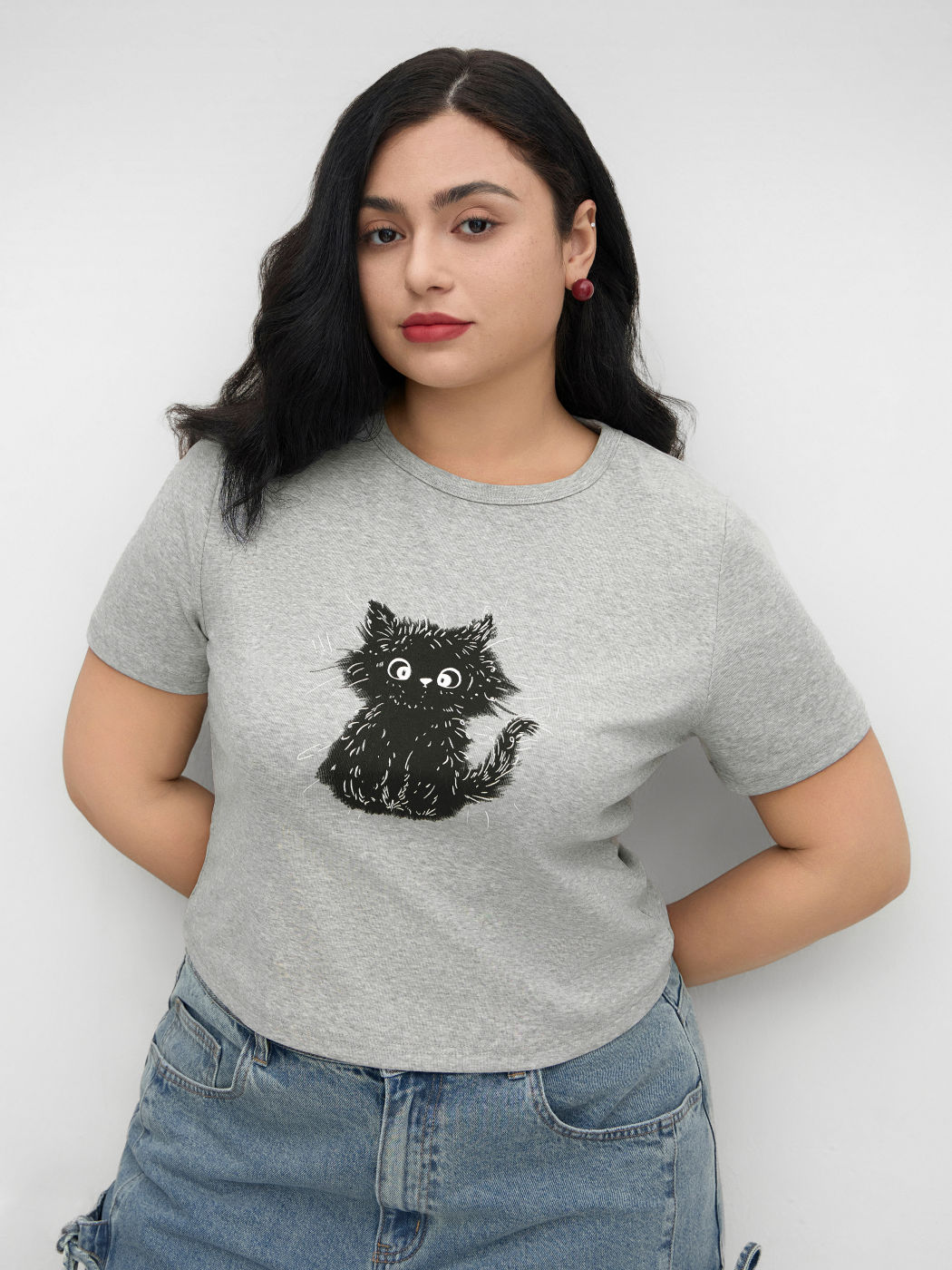 Baumwoll-Mix Katzenmotiv T-Shirt Kurve & Plus