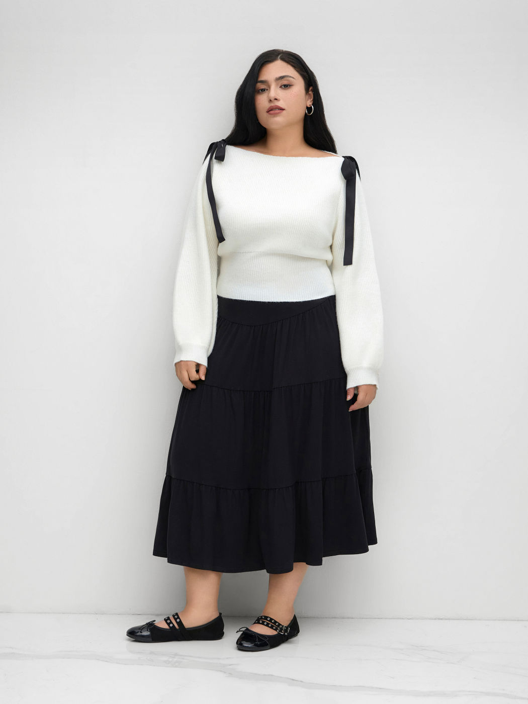 Knit Boat Neck Bowknot Sweater Curve & Plus