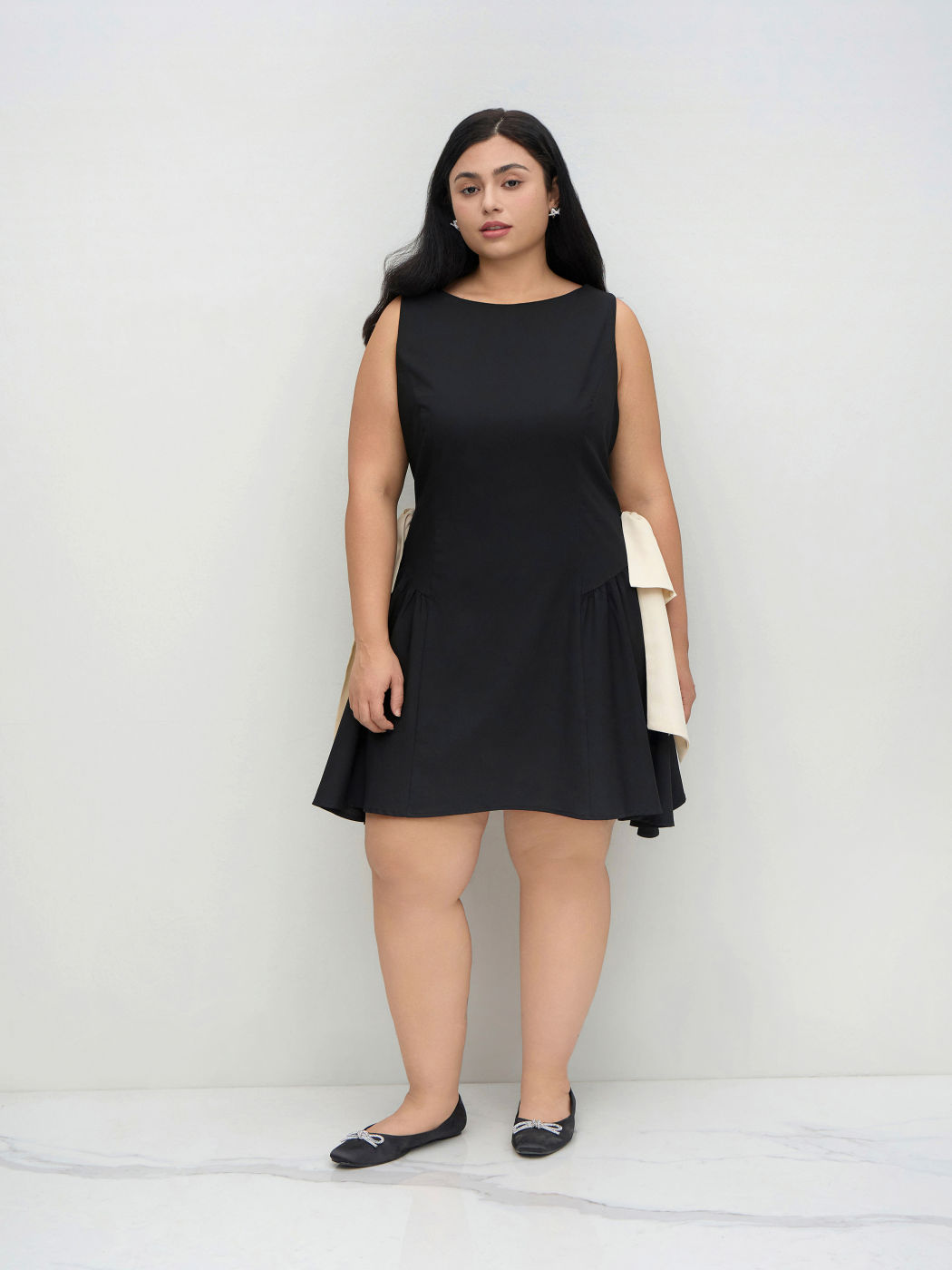 Boat Neck Bowknot Ruffle Hem Mini Dress Curve & Plus