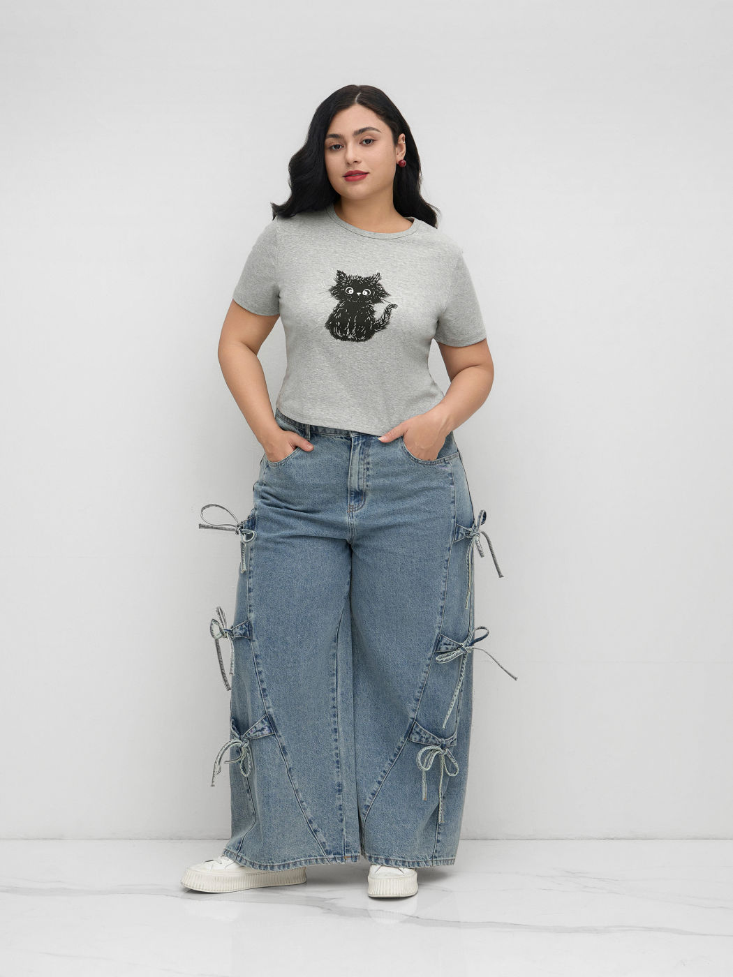 Baumwoll-Mix Katzenmotiv T-Shirt Kurve & Plus
