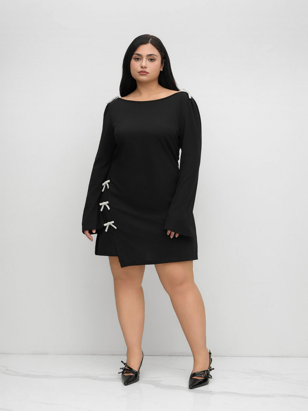 Boat Neck Bowknot Mini Dress Curve & Plus