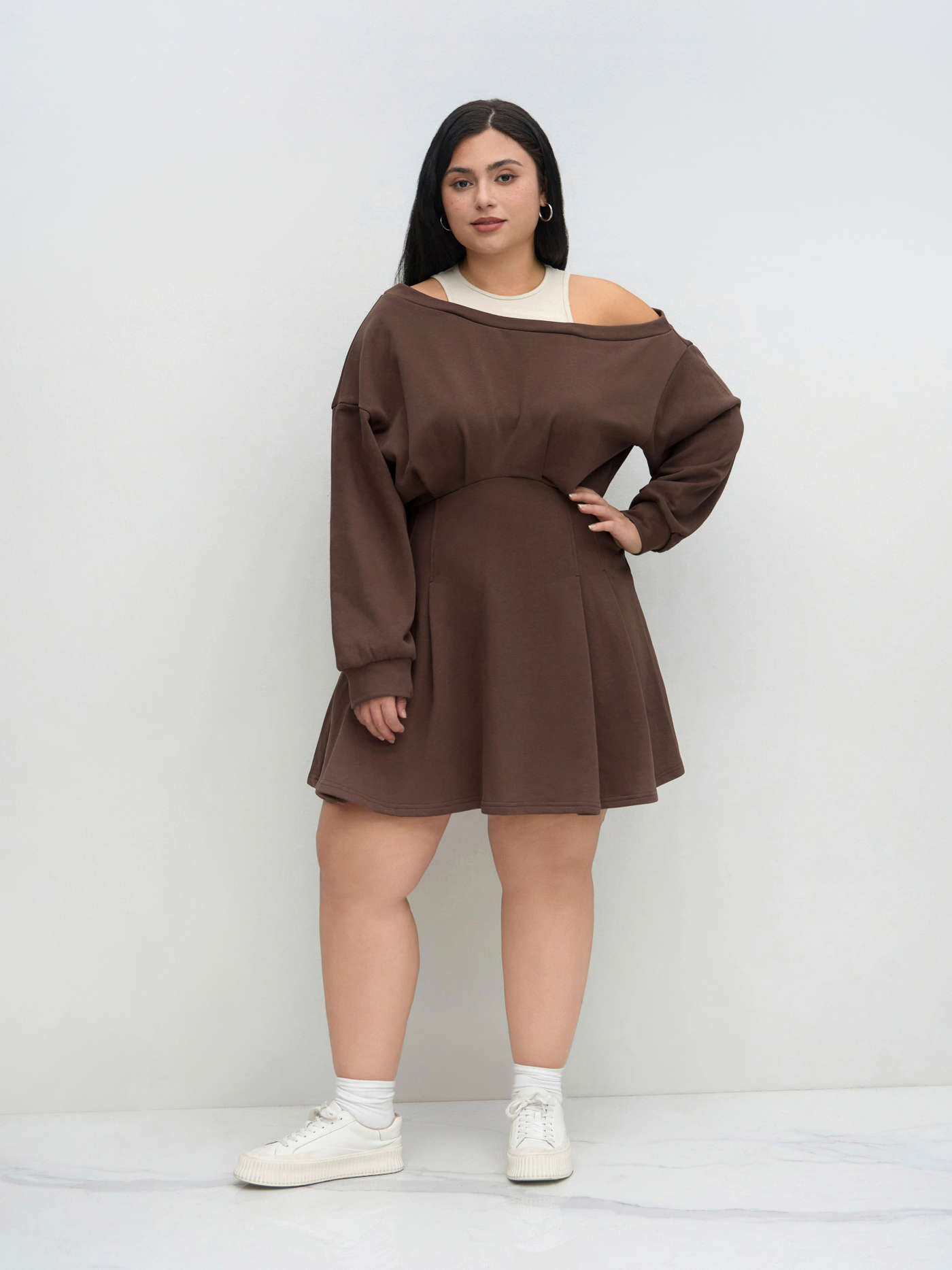 Terry Terry Asymmetrical Neck Ruffle Hem Mini Dress Curve & Plus For Daily Casual