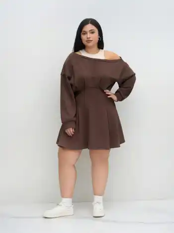 Terry Asymmetrical Neck Ruffle Hem Mini Dress Curve & Plus