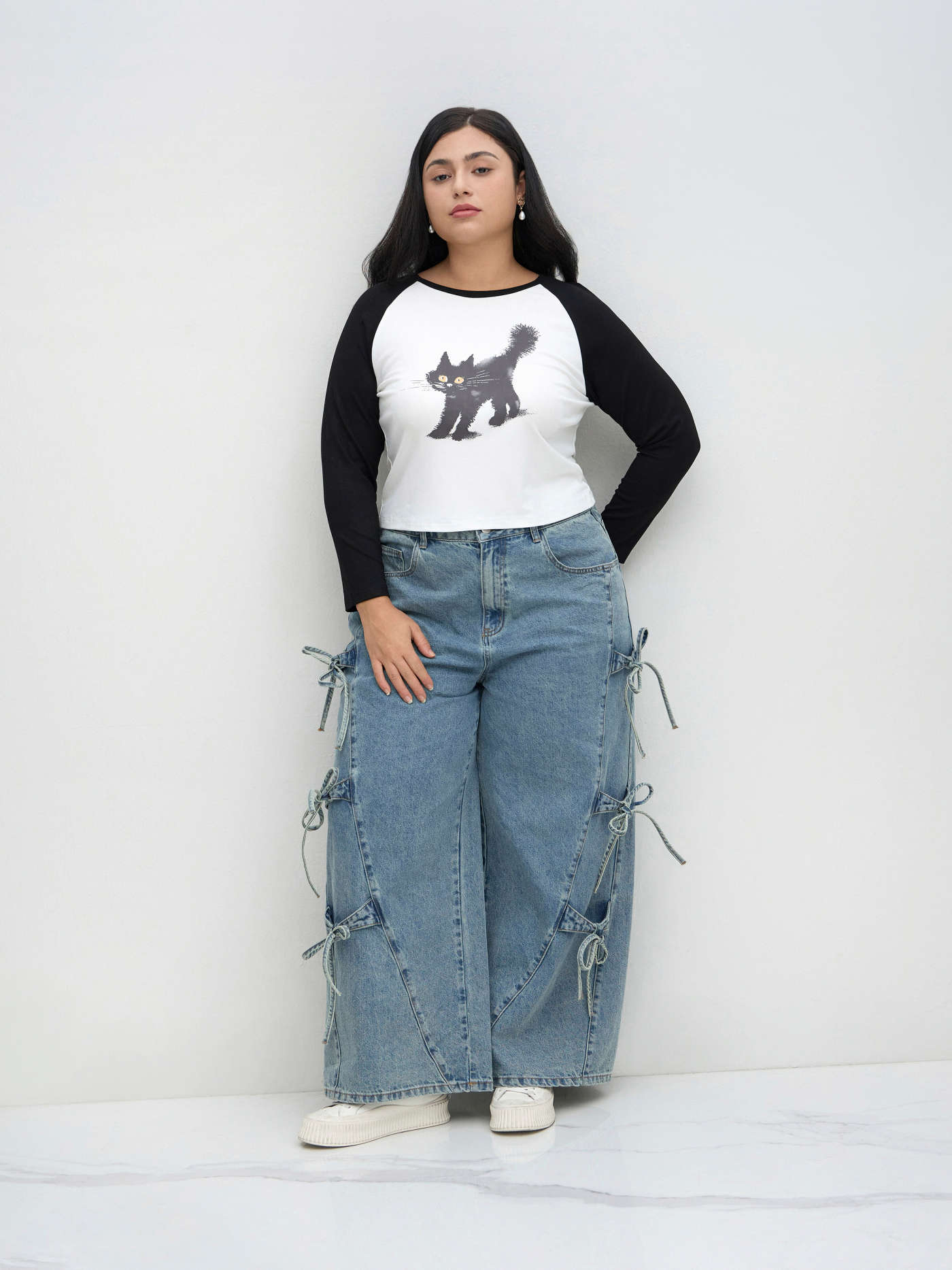 Denim Cider Denim Mid Rise Bowknot Baggy Jeans Curve & Plus For Daily Casual
