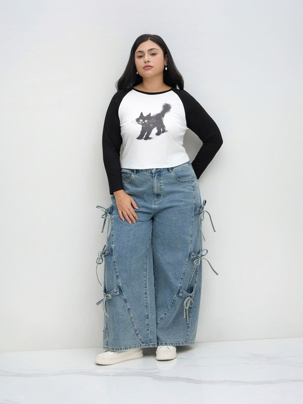 Cider Denim Mid Rise Bowknot Baggy Jeans Curve & Plus