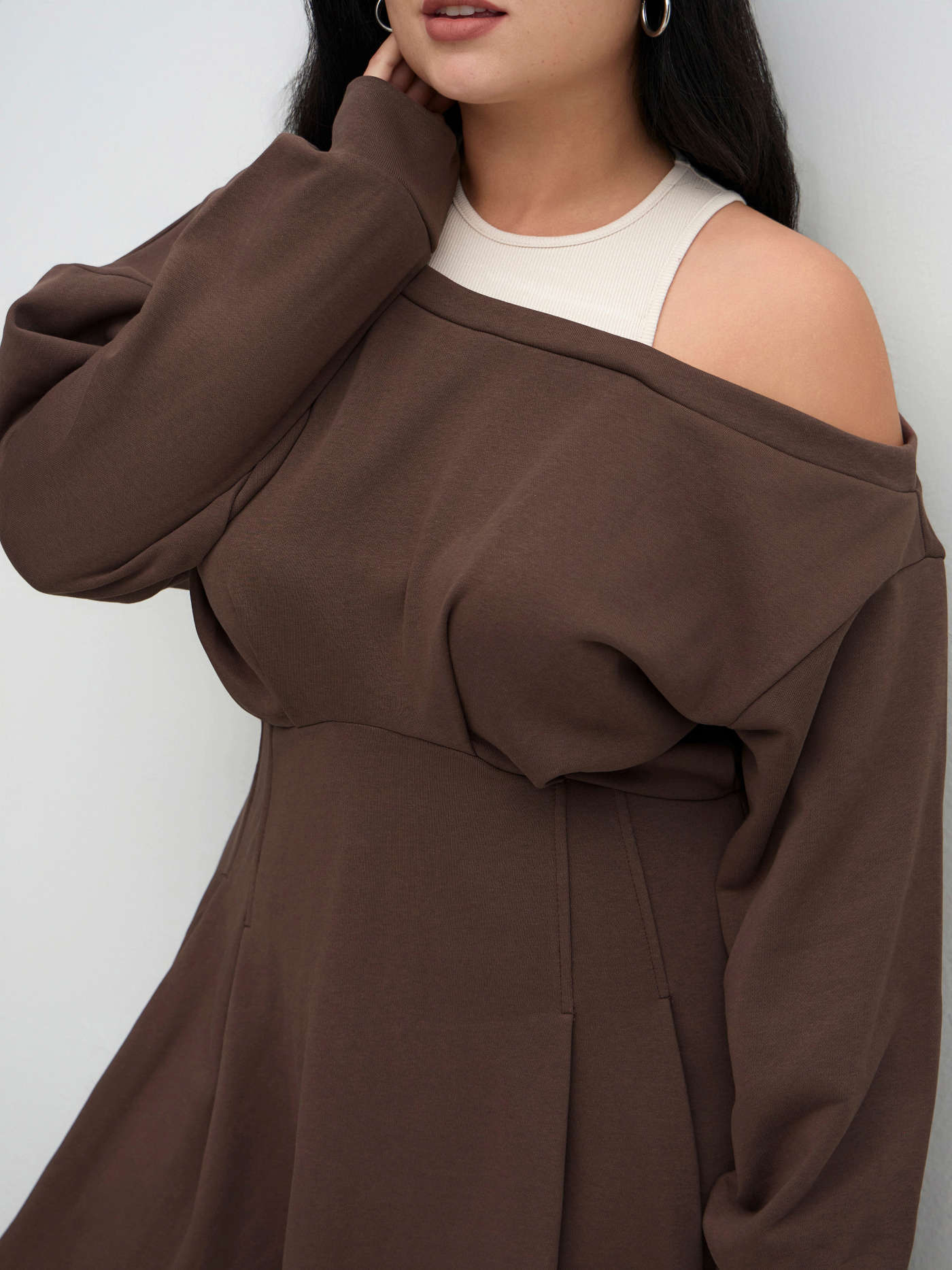 Terry Terry Asymmetrical Neck Ruffle Hem Mini Dress Curve & Plus For Daily Casual