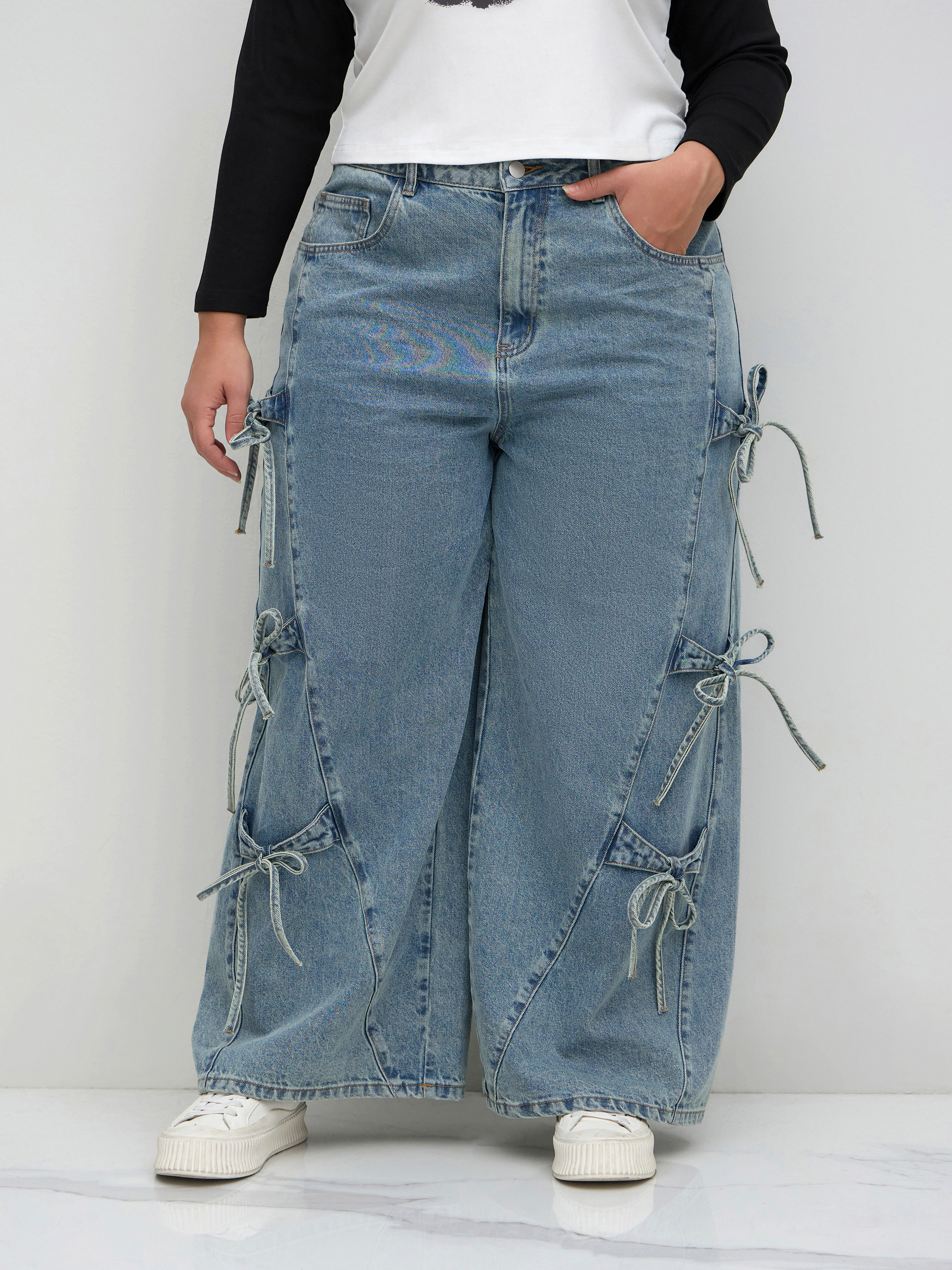 Denim Cider Denim Mid Rise Bowknot Baggy Jeans Curve & Plus For Daily Casual