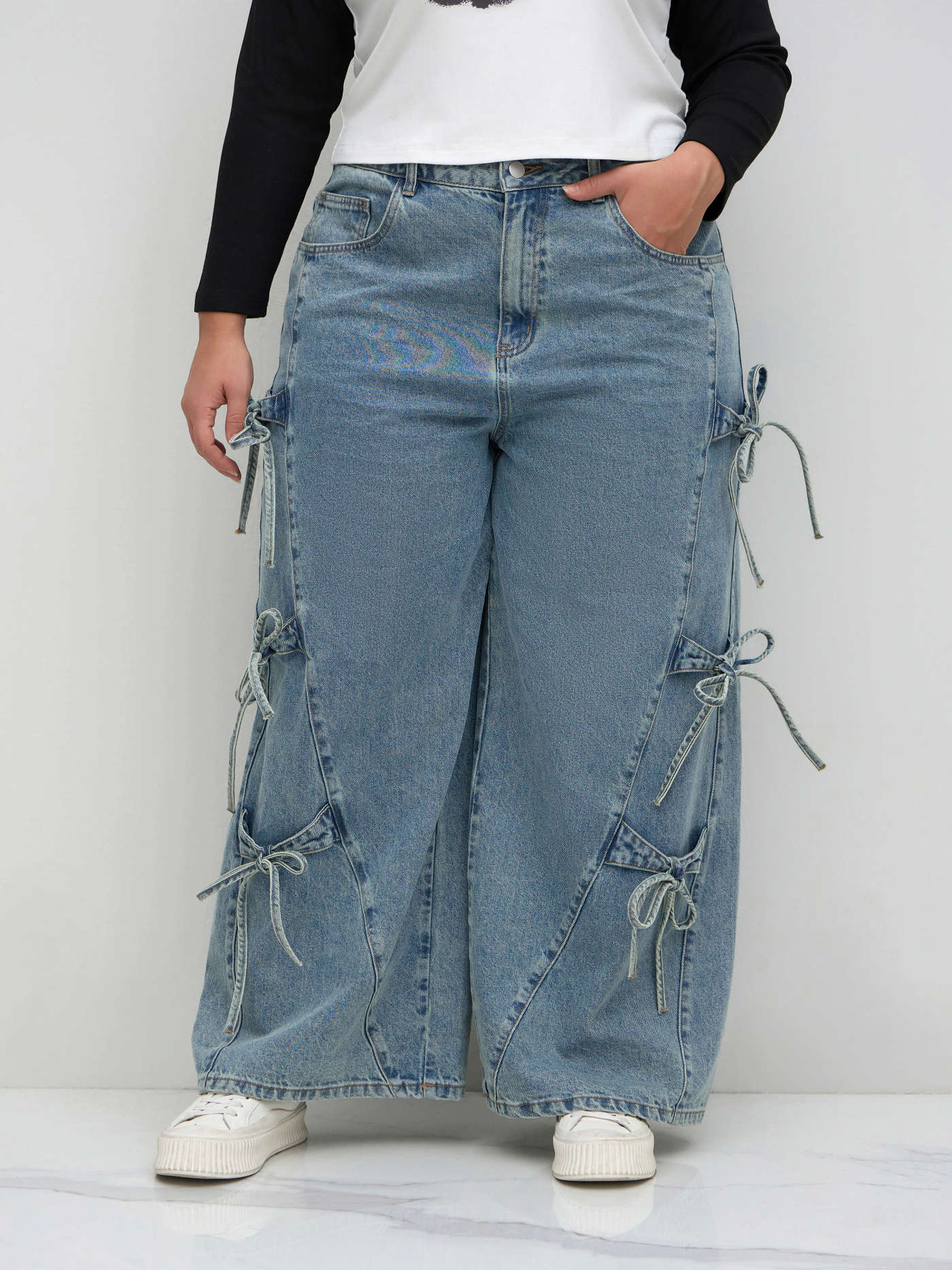 Denim Cider Denim Mid Rise Bowknot Baggy Jeans Curve & Plus For Daily Casual