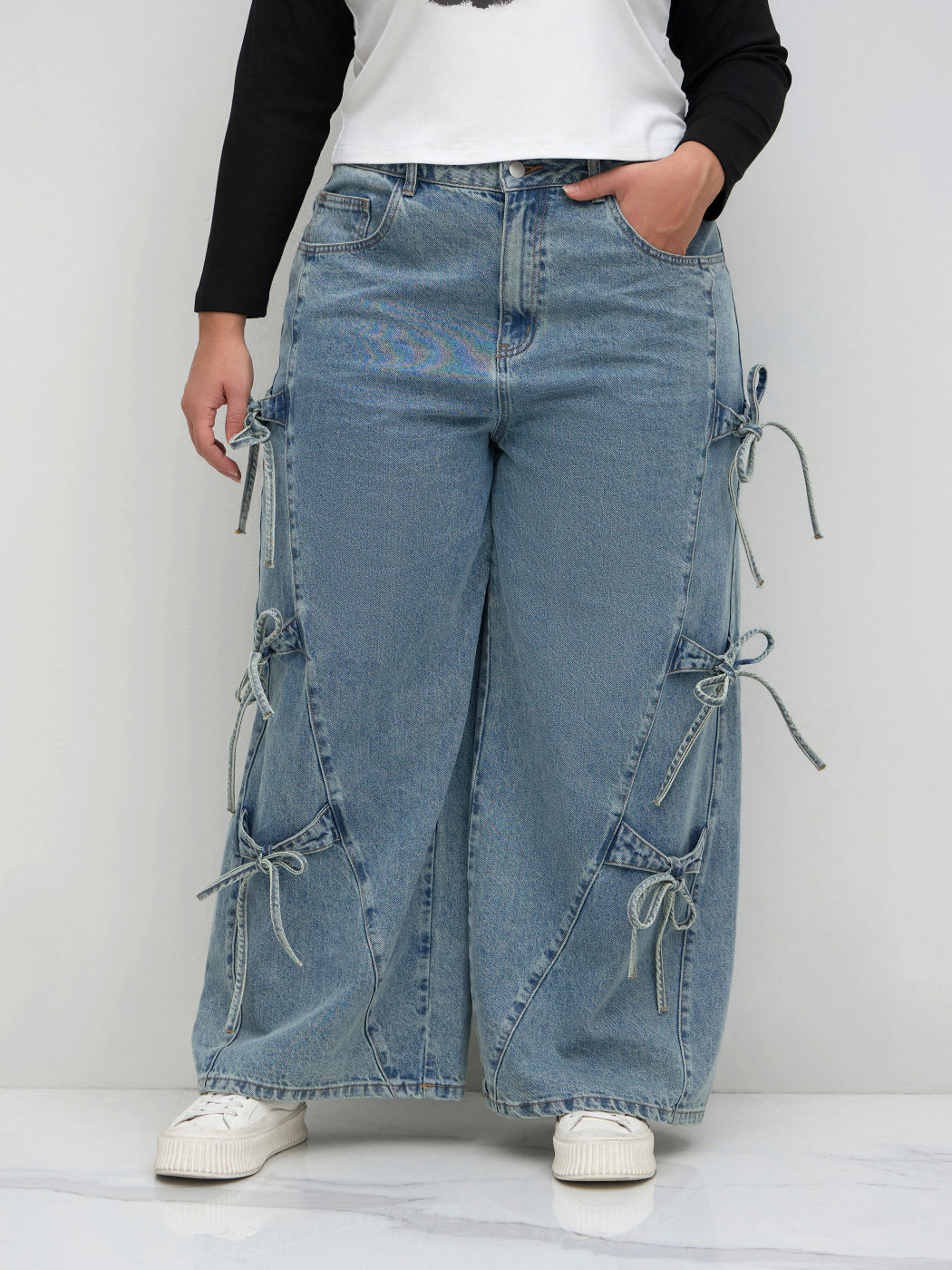 Cider Denim Mid Rise Bowknot Baggy Jeans Curve & Plus
