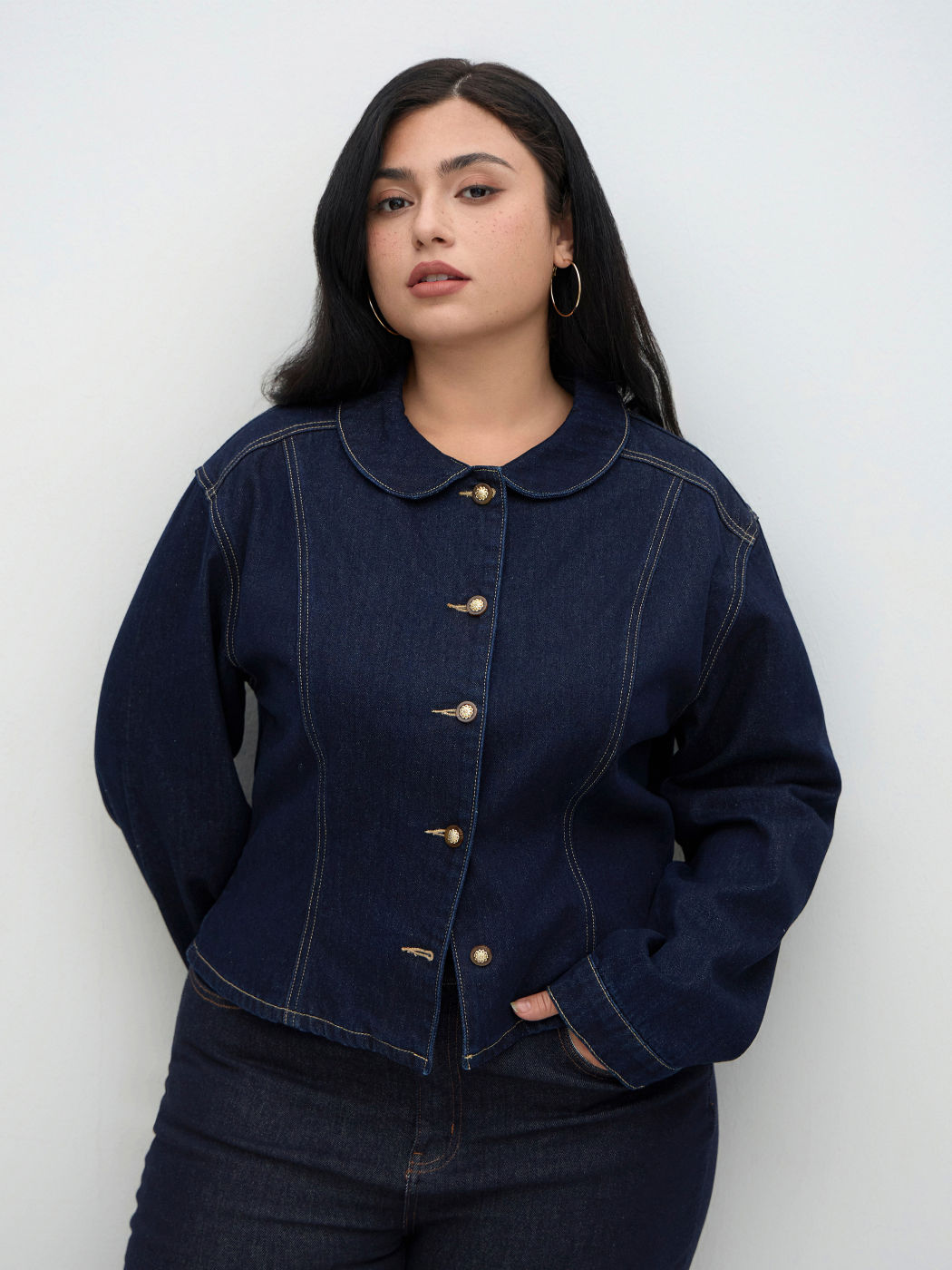 Denimkragen Taillierte Jacke Kurve & Plus