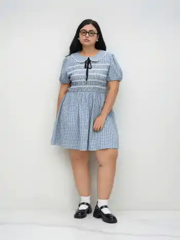 Cotton-blend Collar Gingham Shirred Puff Sleeve Mini Dress Curve & Plus